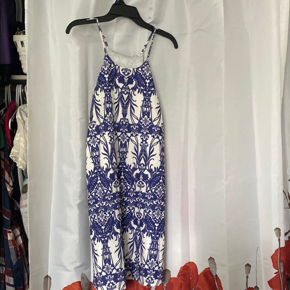 White Blue Patterned Summer Strappy  Dress. Size M